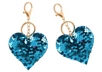 Heart Sequins Keychain Double-Sided Silver Blue