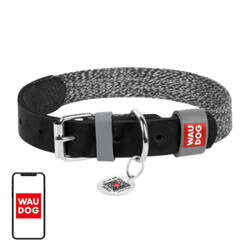 Leather dog collar with QR code Waudog size M w. 20mm, black