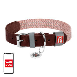 Leather dog collar with QR code Waudog size M w. 20mm, brown