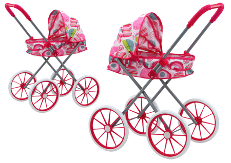 Doll Stroller Large Wheels Foldable Pink Patterns