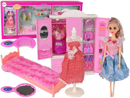 Doll with Clothes Wardrobe Room Furniture Wardrobe Bed Accessories