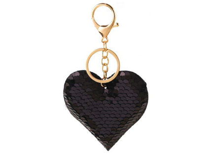 Heart Sequins Keychain Double-Sided Silver Black