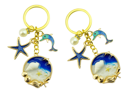 Keychain Ornament Ocean Starfish Dolphin Blue Gold