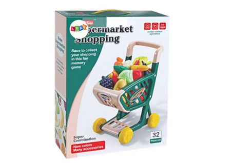 Shopping cart for children, set of vegetables and fruits, green