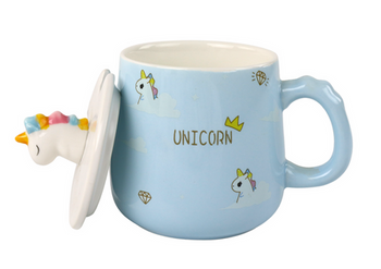 Einhorn-Tasse mit blauem Muster, Löffel und Teesieb