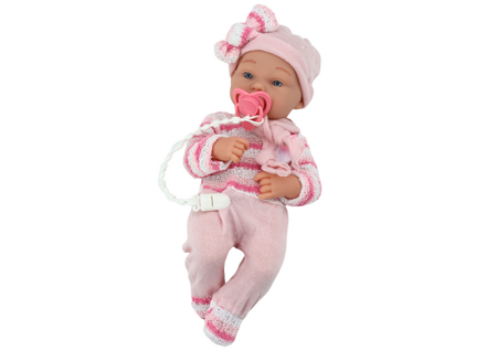 Babypuppe, gestreifter Pullover, Mütze, Schal, Accessoires, rosa