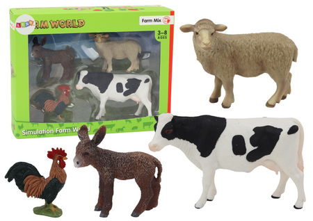 Figuren-Set, ländliche Tiere, Bauernhof, 4-teilig, Kuh, Hahn, Esel, Schaf