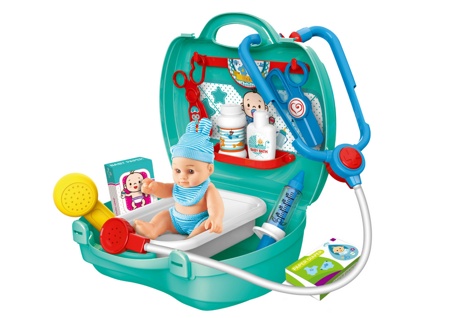 Kinderarzt-Set mit Puppenzubehör, grüner Koffer